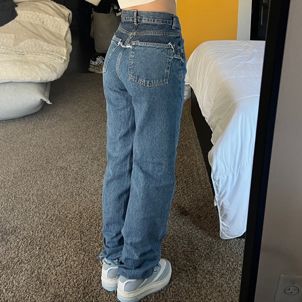 PULL&bear straight fit double denim frayed jeans